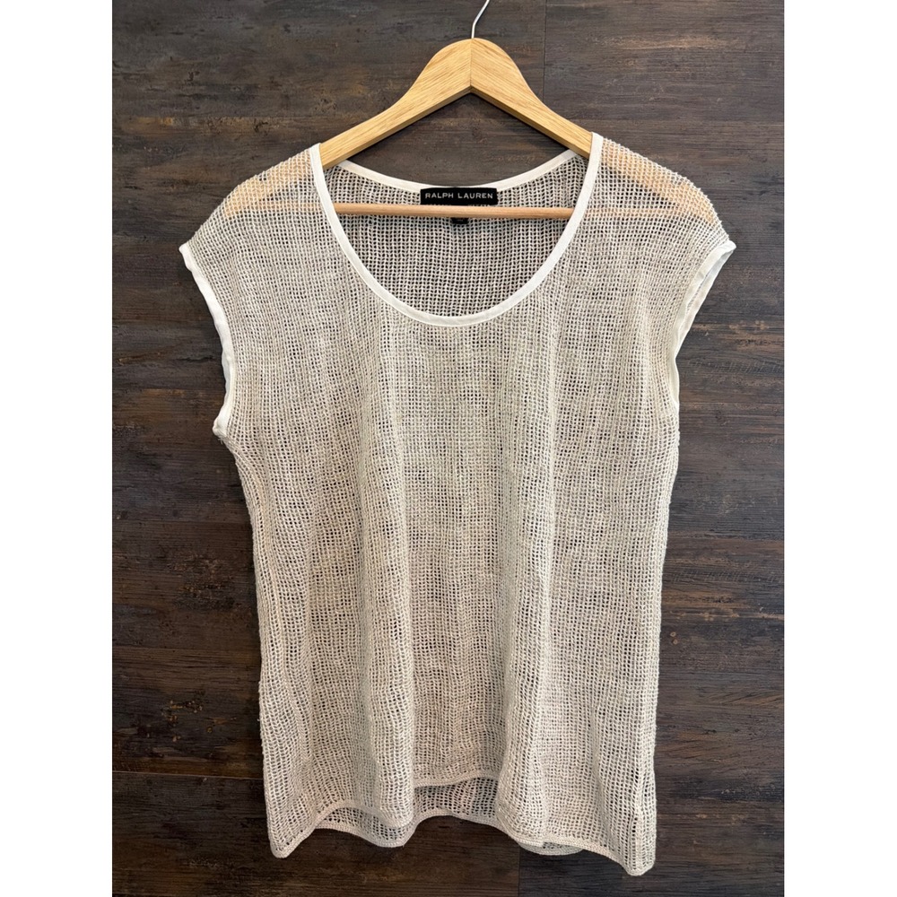 Ralph Lauren Womens Linen Silk Metallic Open Knit Mesh Scoop Neck Top Cream M